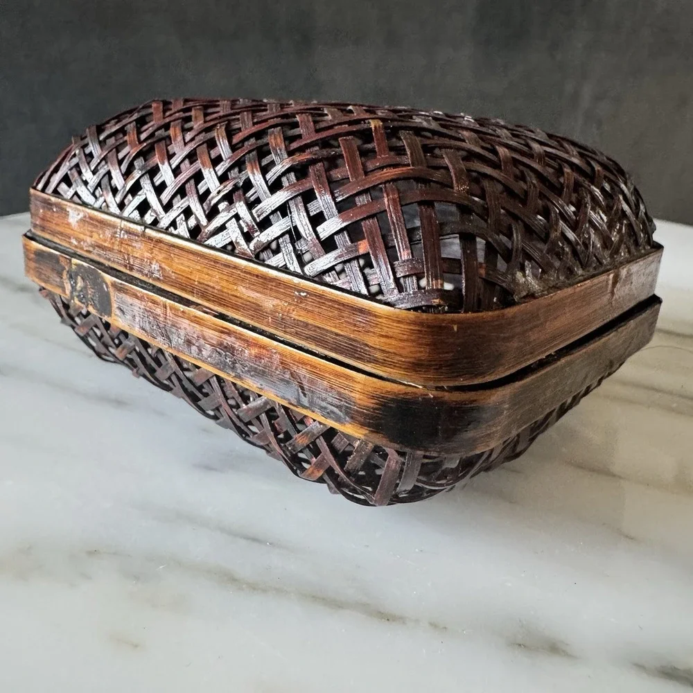 Vintage Chinese/ Japanese Style Woven Bamboo Storage Trinklet Box 4
